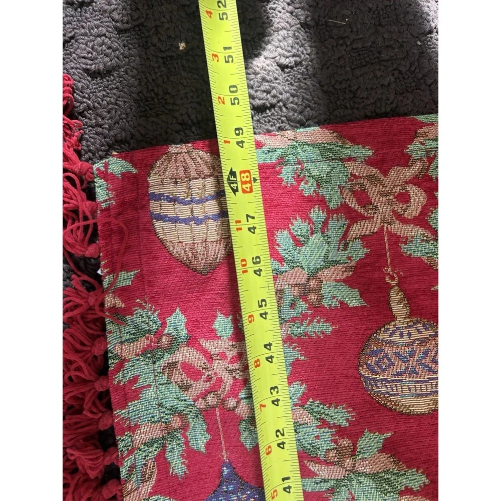 Christmas Table Topper Upholstery‎ Fabric Fringed Holiday Bulbs Cover 49